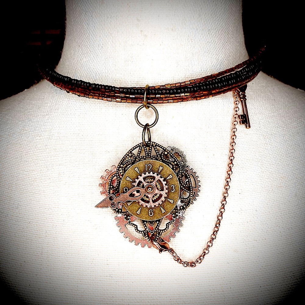 Steampunk beaded choker with hanging pendant